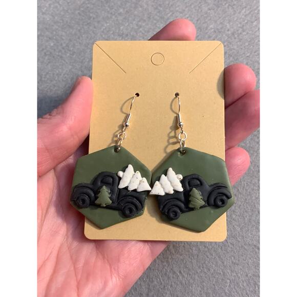 Christmas Pick-up Truck Earrings with White Tree - Polymer Clay, Handmade - Picture 3 of 4